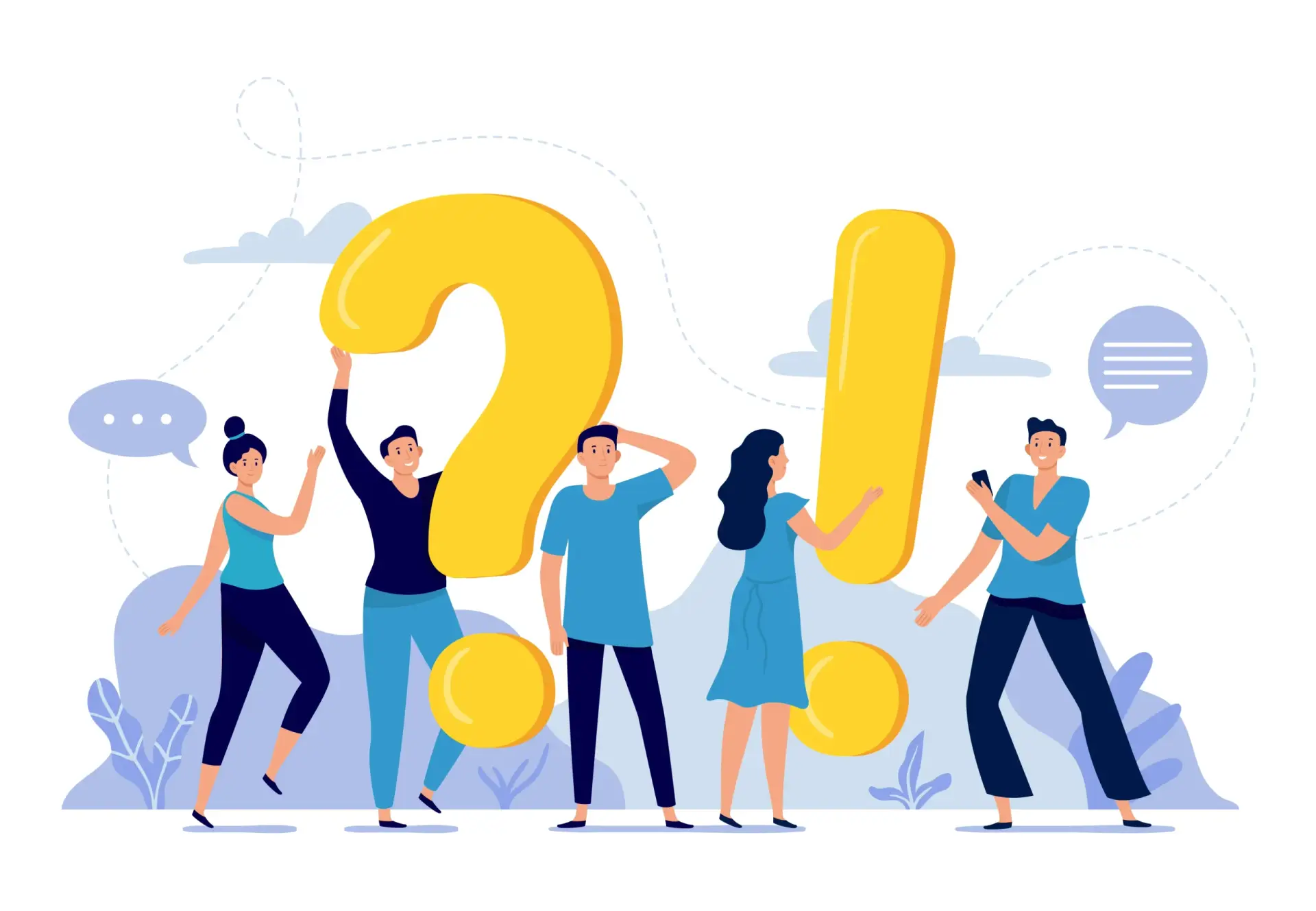 A group of people stands around a large question mark, engaging in discussion with speech bubbles about explainer video length.