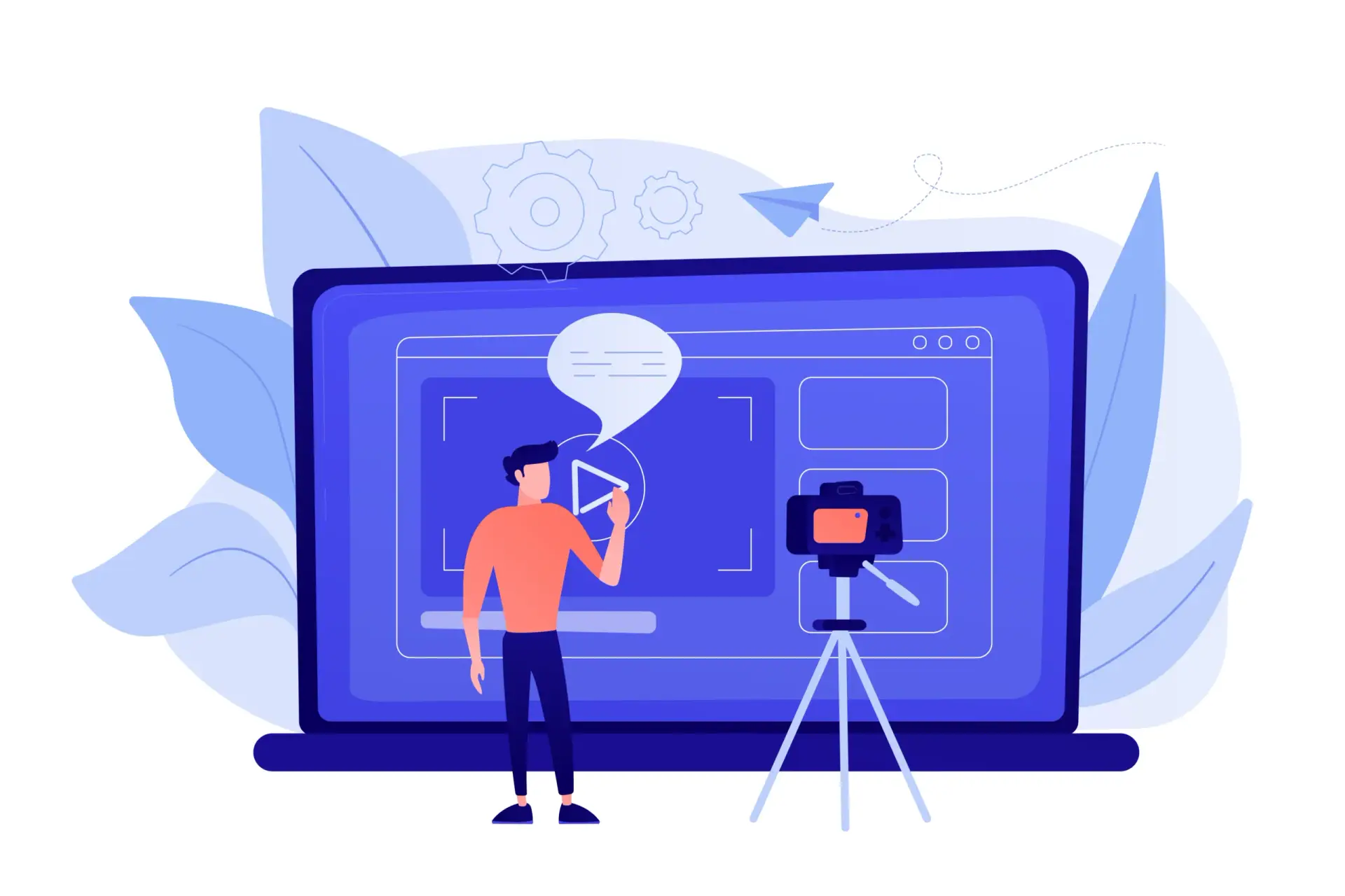 A man records an explainer video next to a laptop and camera, preparing to share it online.