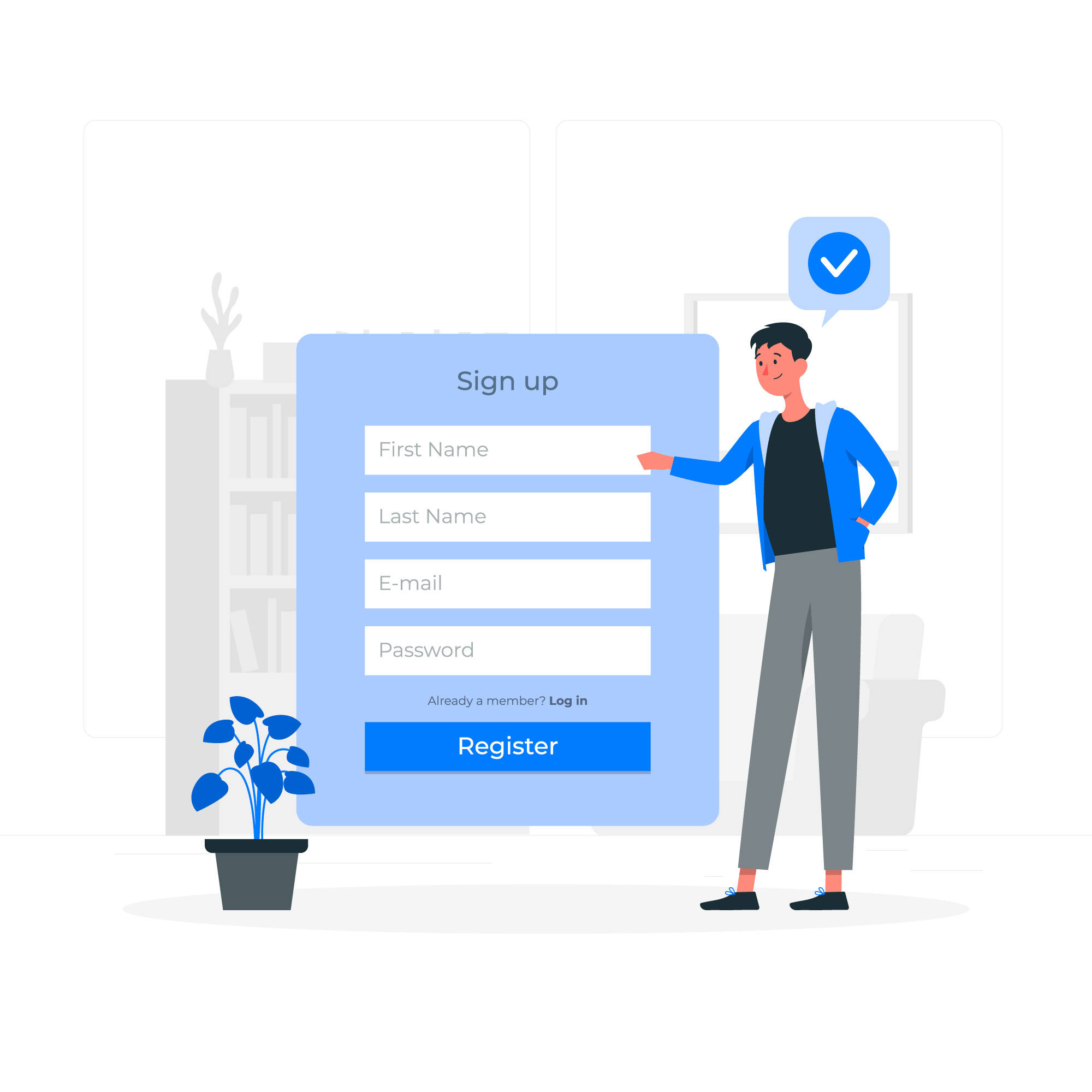 A man stands beside a sign-up form, ready to assist with the registration process.