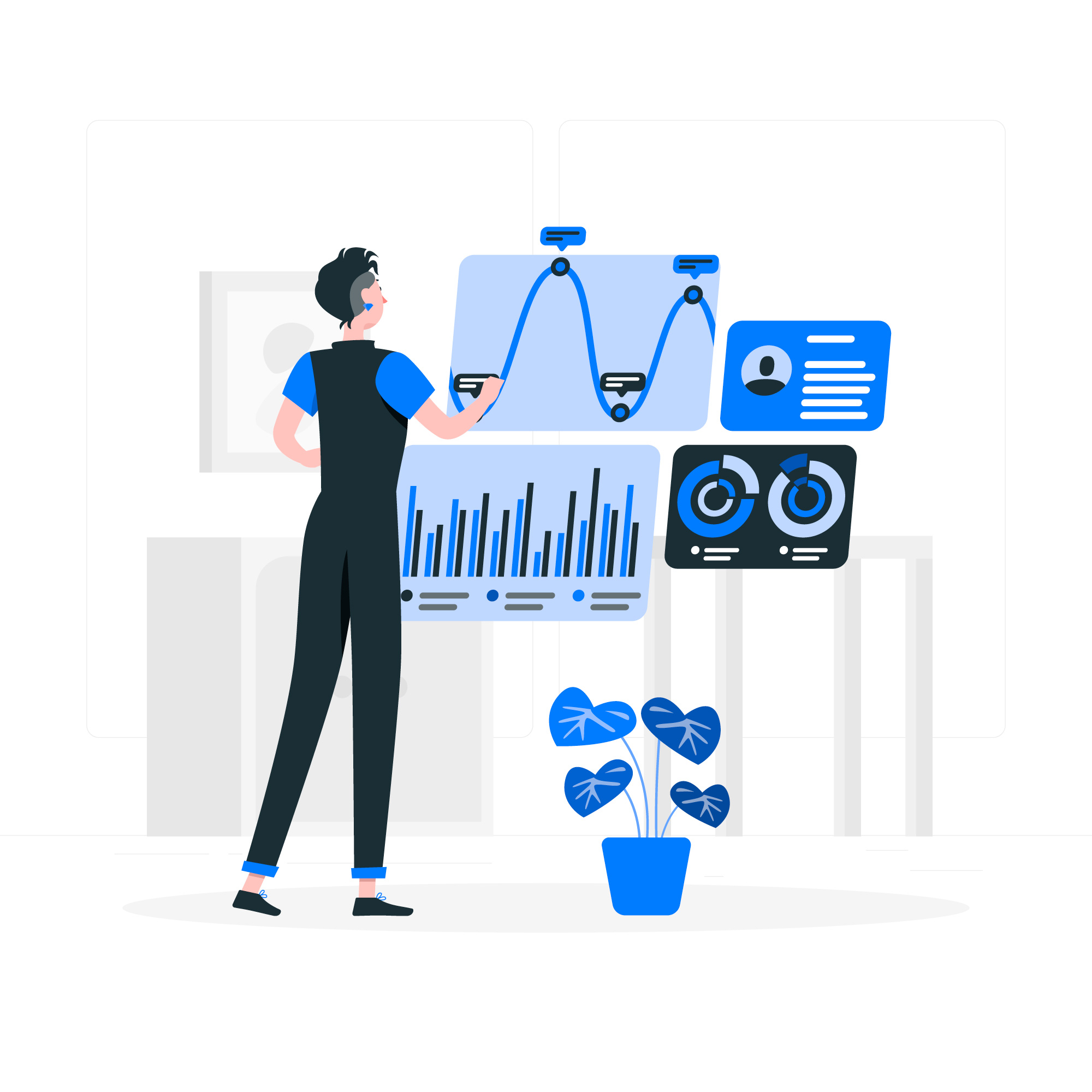 A man analyzes a large board filled with graphs and charts that illustrate explainer video performance metrics.