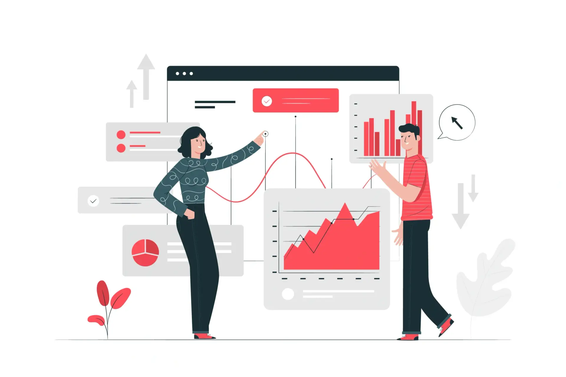 A man and woman stand beside a chart, discussing statistics related to video effectiveness and measuring success.