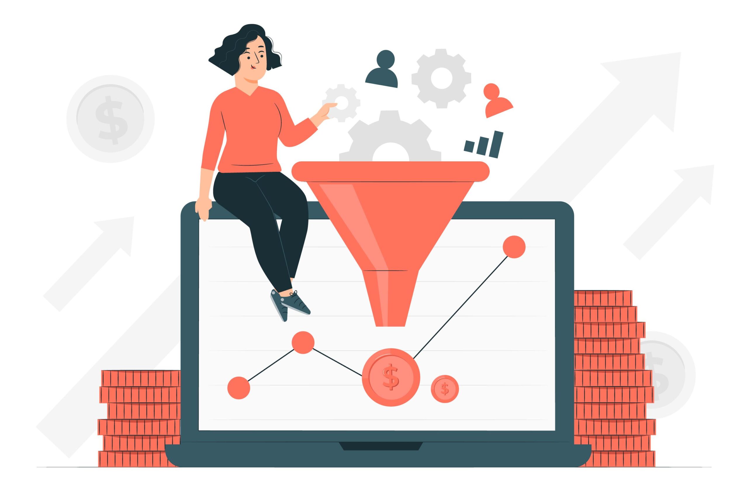 A woman sits atop a laptop, holding a funnel, symbolizing conversion rates and financial success.