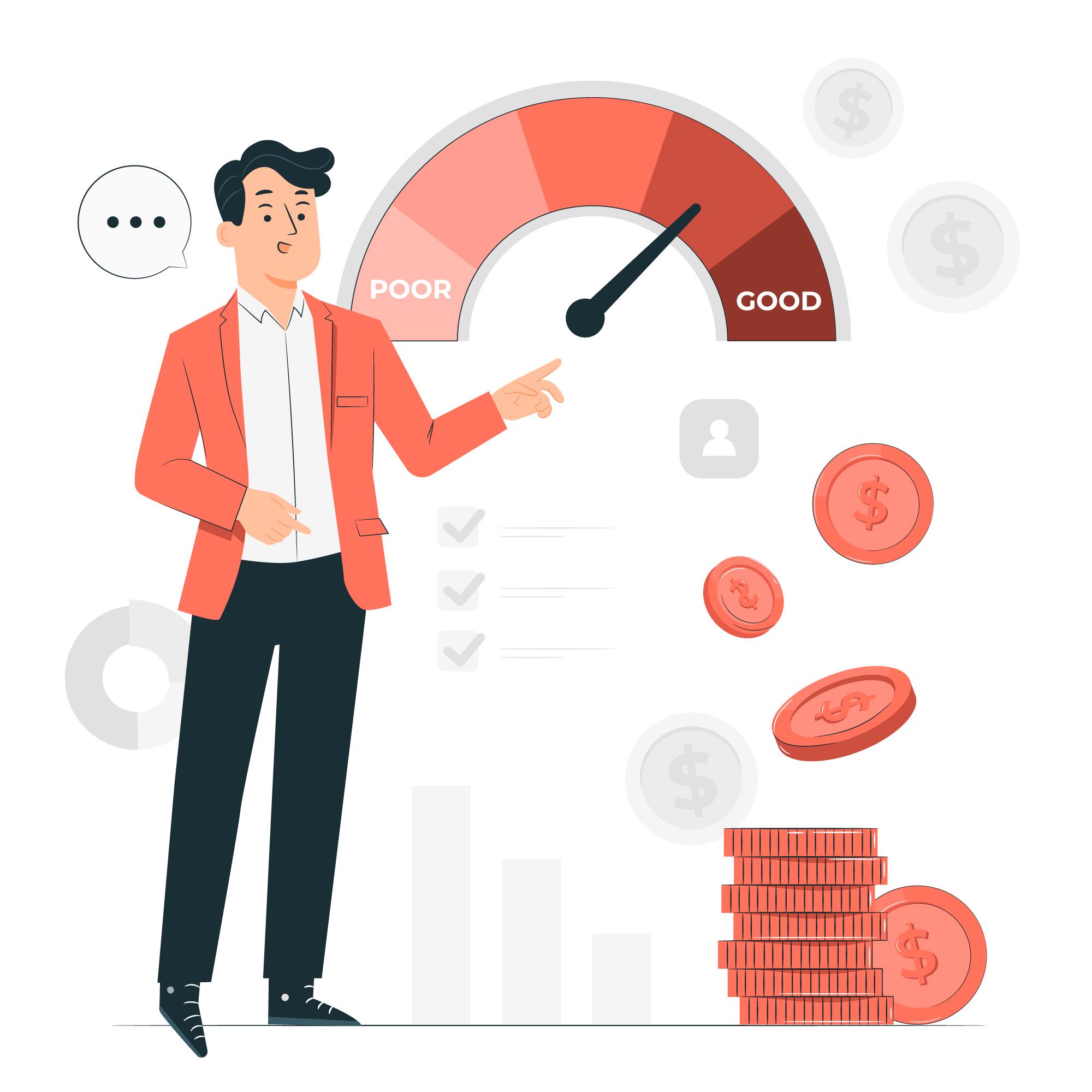 Businessman pointing at a speedometer, symbolizing efficiency in cost-effective marketing.