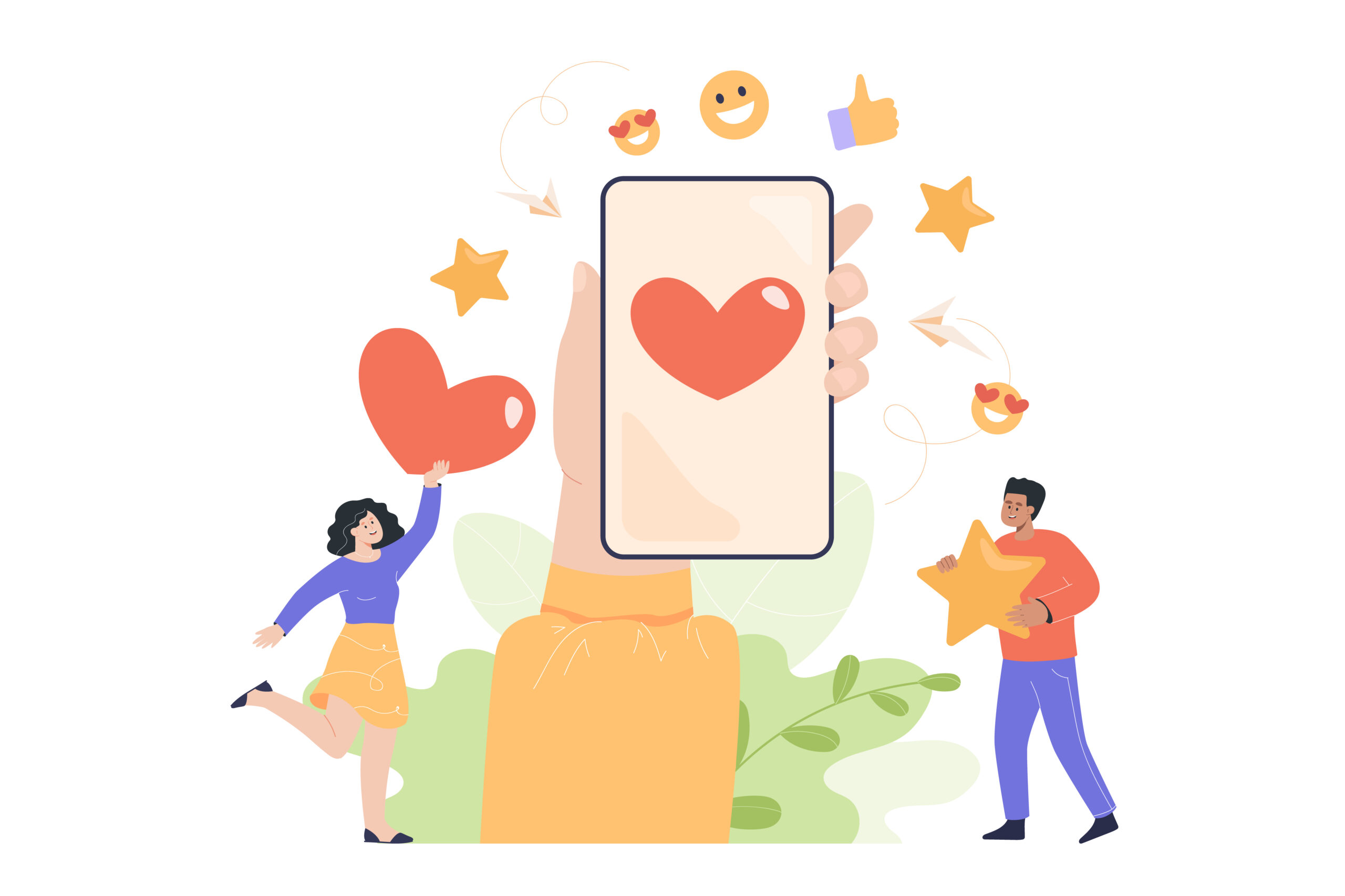 People engaging with a smartphone displaying heart, like and star icons, highlighting increased engagement with animated marketing video content.