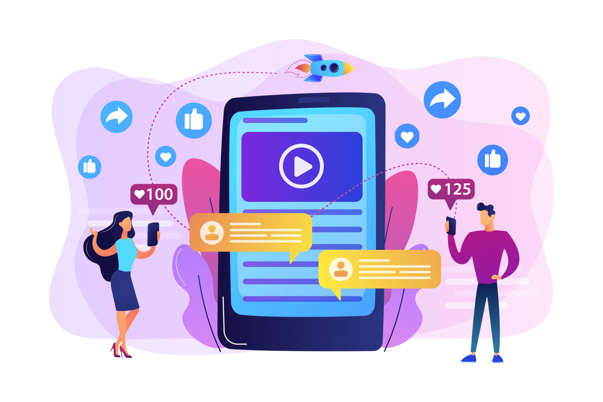 People sharing videos on social media, highlighting the ROI of animated content for better engagement.