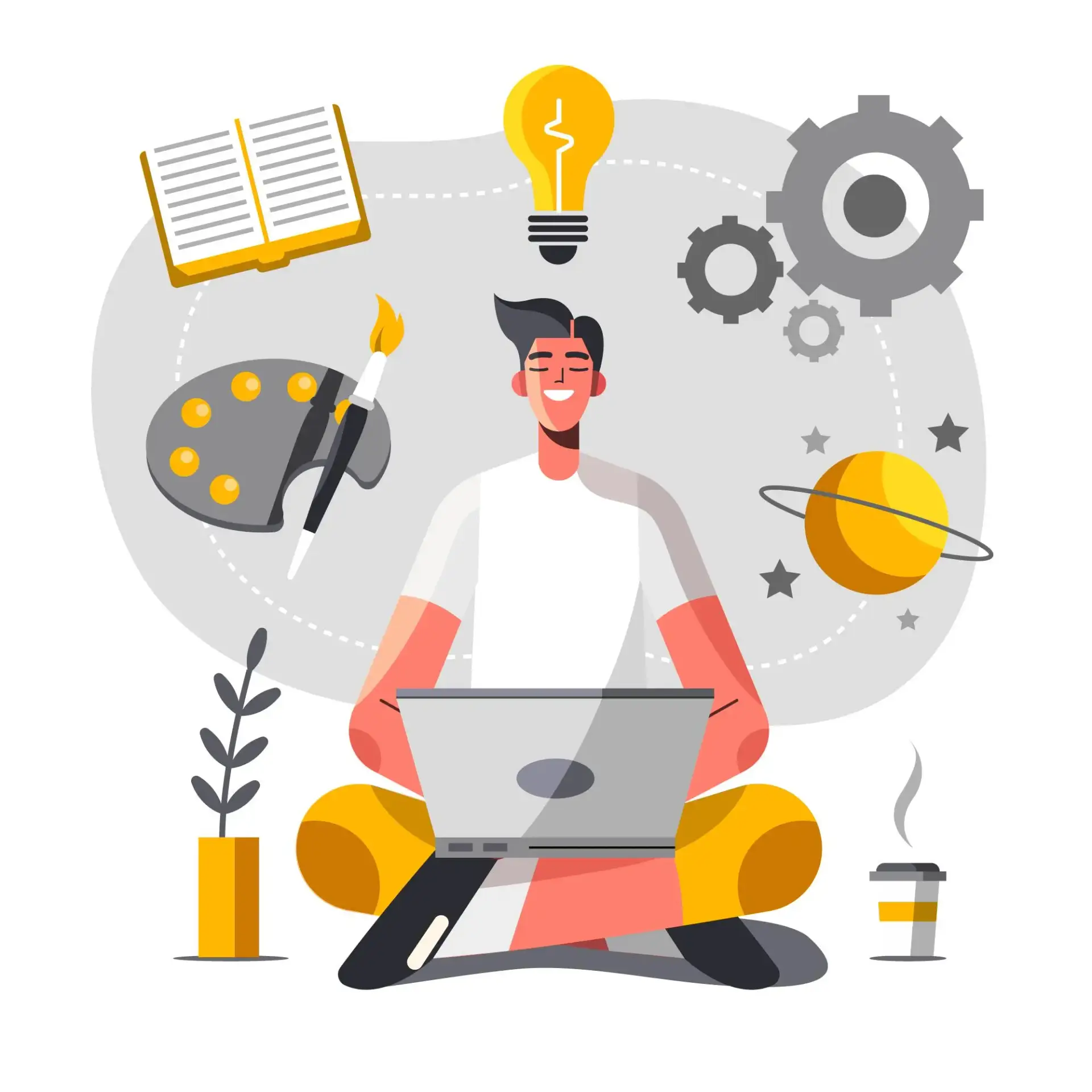 A man on the floor with a laptop and a light bulb above, representing the spark of creativity and innovative ideas.