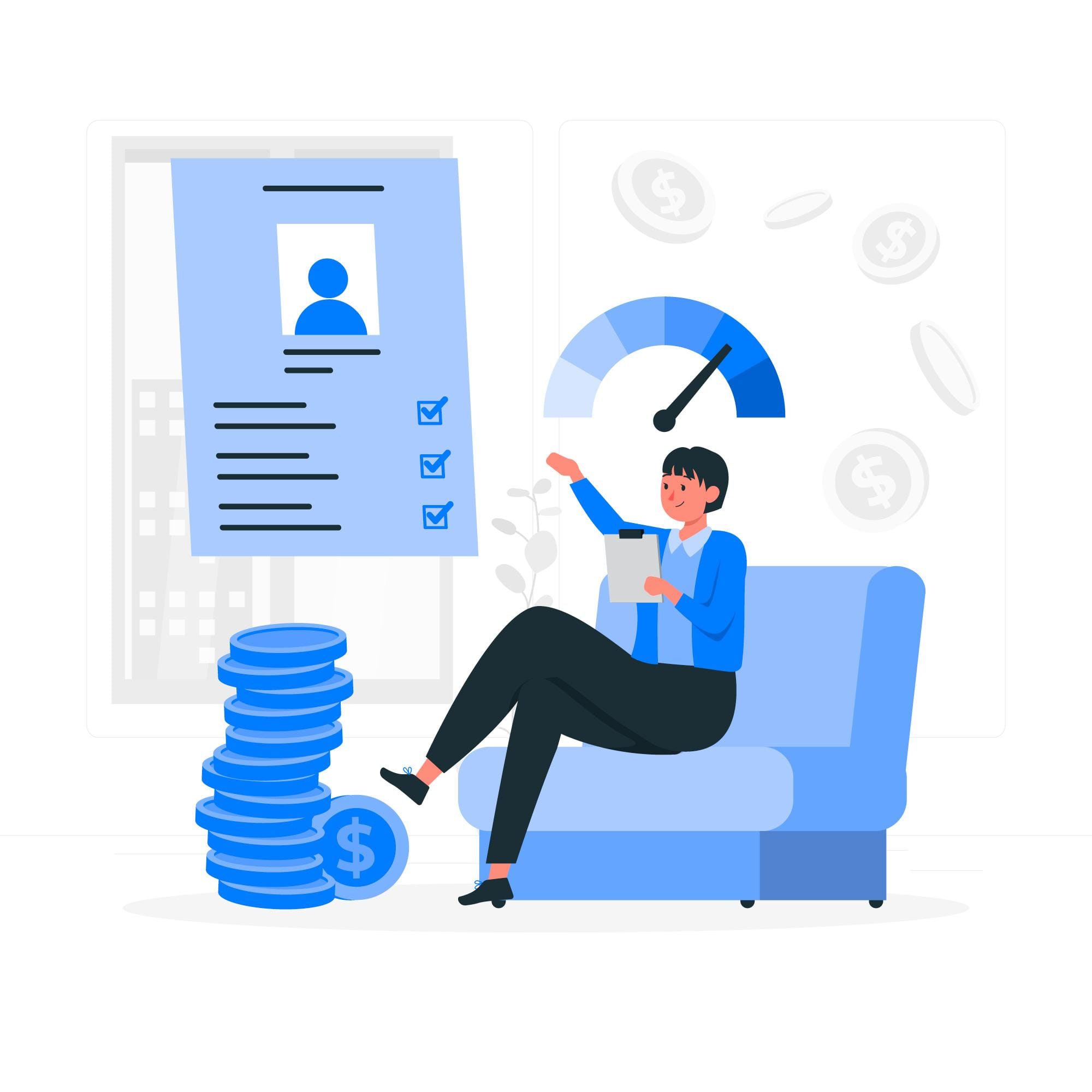 A woman sits on a couch surrounded by stacks of money and a clock, symbolizing cost-efficient marketing and ROI.