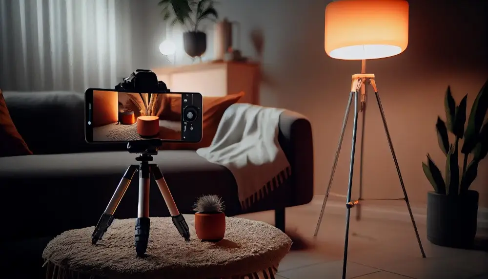 A camera mounted on a tripod stands before a lamp, highlighting furniture in a realistic environment.