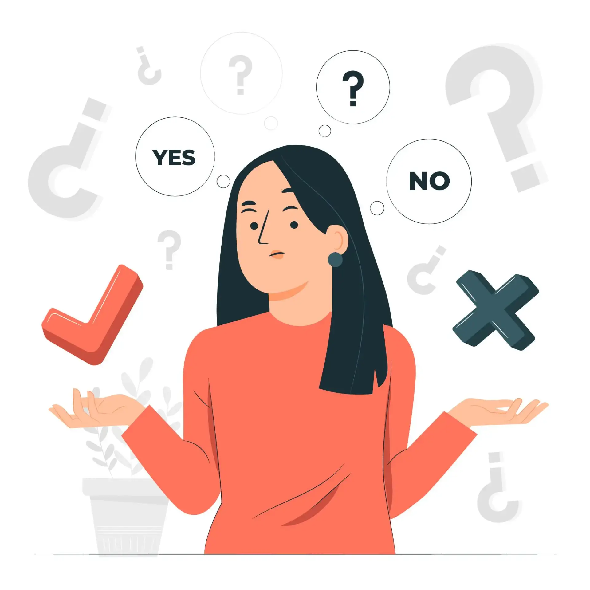 A woman with a question mark and yes/no icons, symbolizing the process of selecting the best options for a brand.