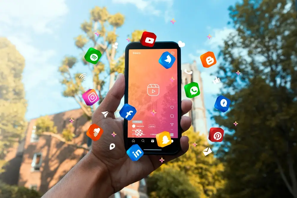hand holding smartphone featuring live action suitable for various platforms.