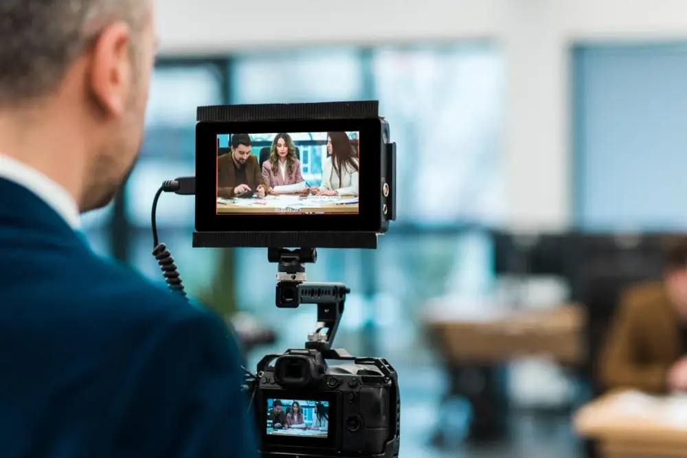 A man in a suit filming a video, showcasing professionalism and building trust through live action engagement.