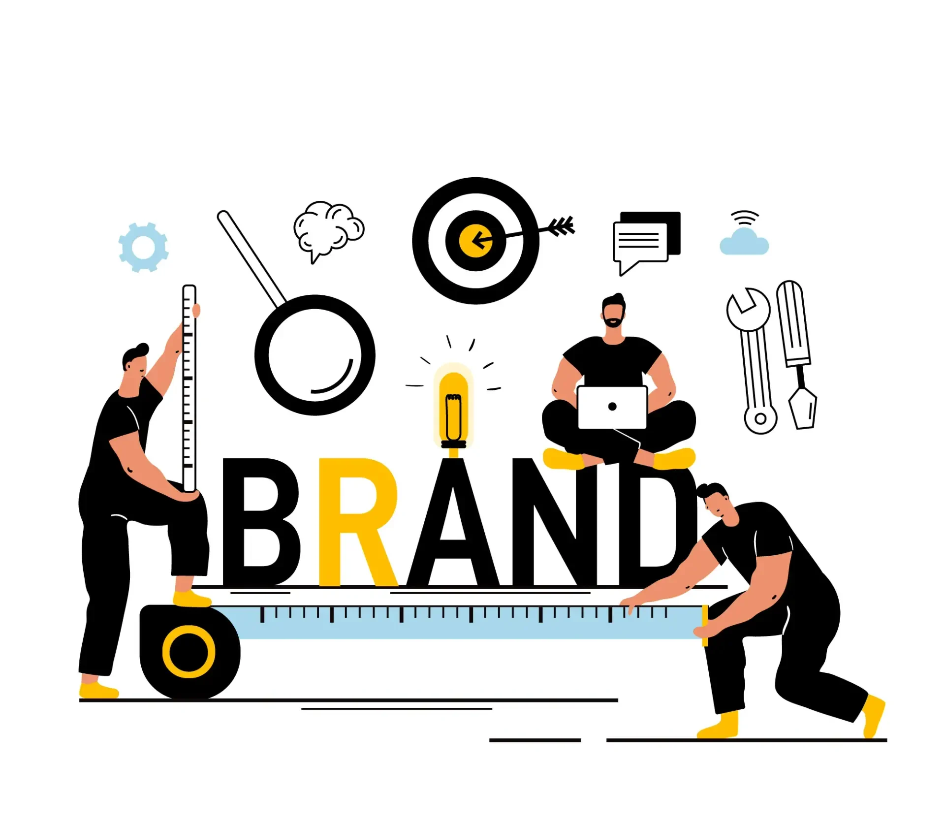 A group of individuals using a measuring tape, representing the collaborative effort in creating a brand identity through animation.