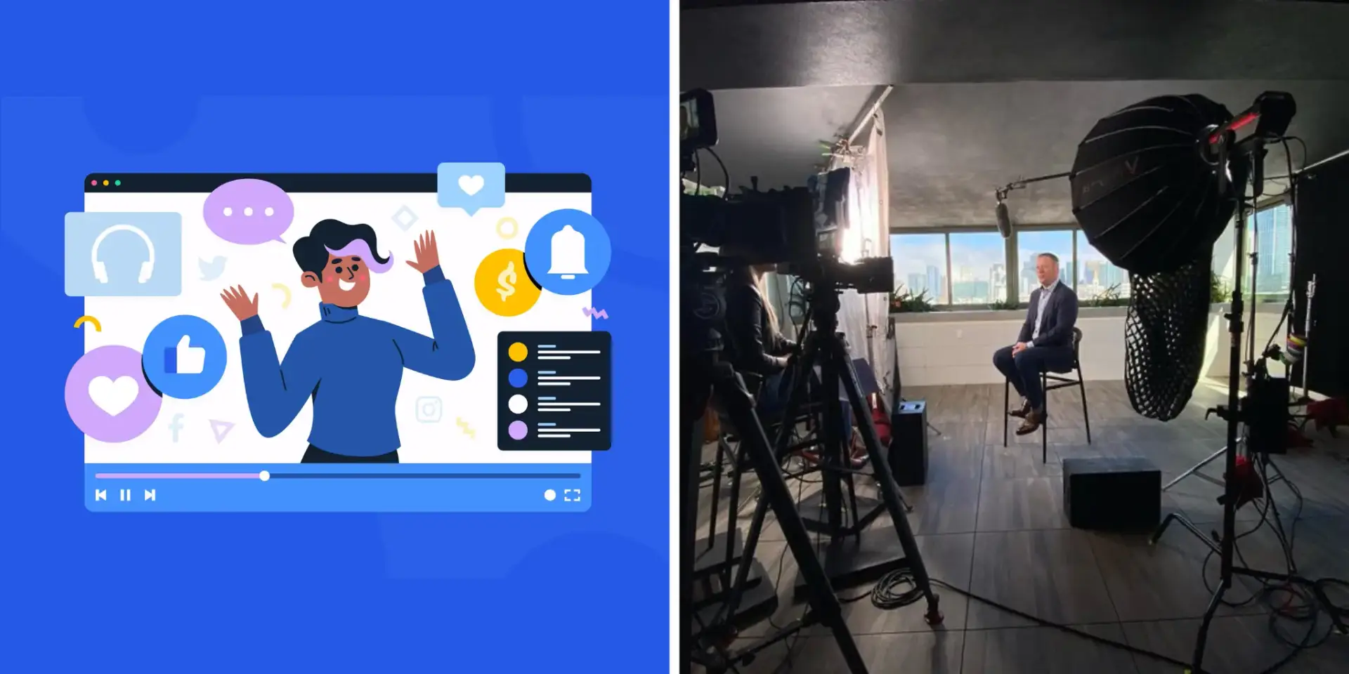 A split image featuring people in front of a camera, contrasting live action vs animation.