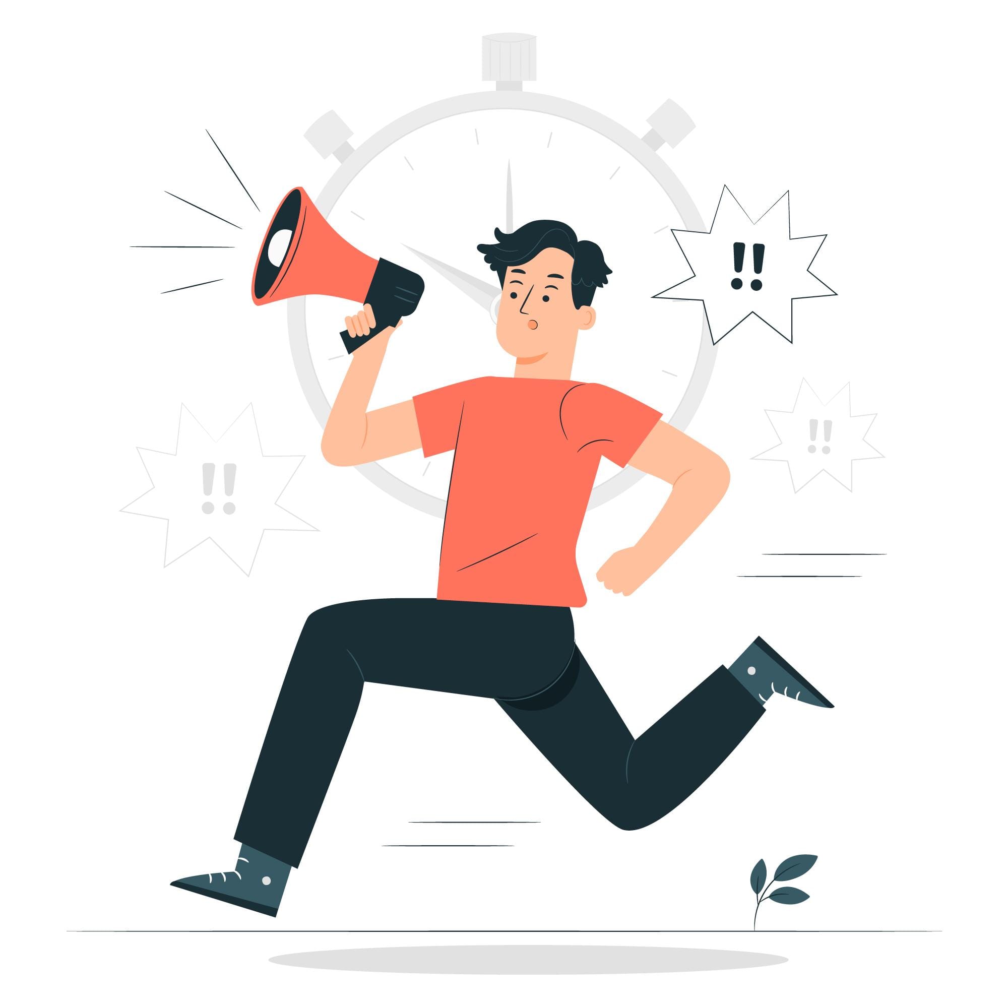 Vector illustration of a man sprinting with a megaphone and clock, emphasizing quick engagement through animated videos.