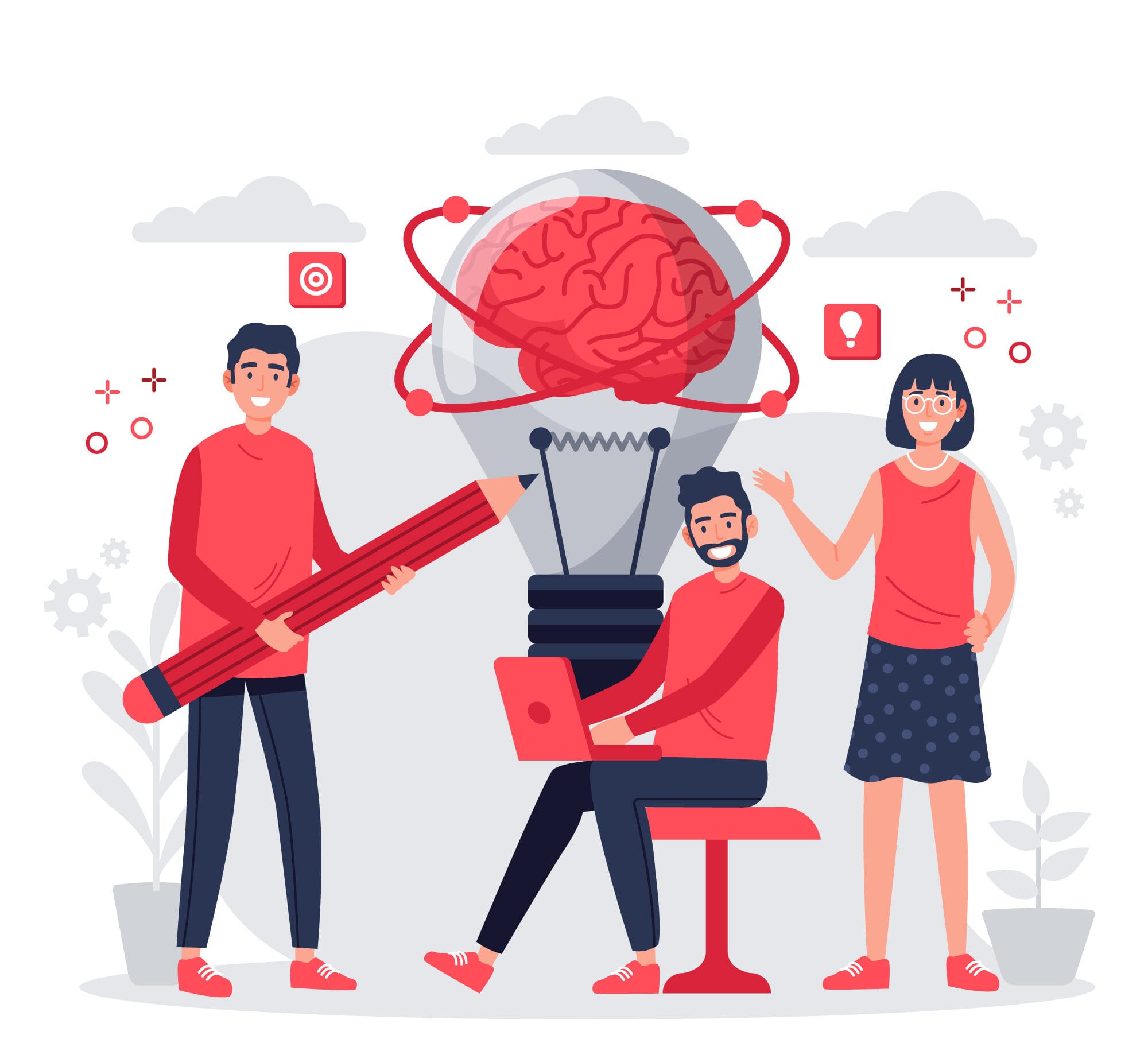Team collaborating on a project, featuring a brain light bulb symbolizing innovative ideas and animated video simplification.