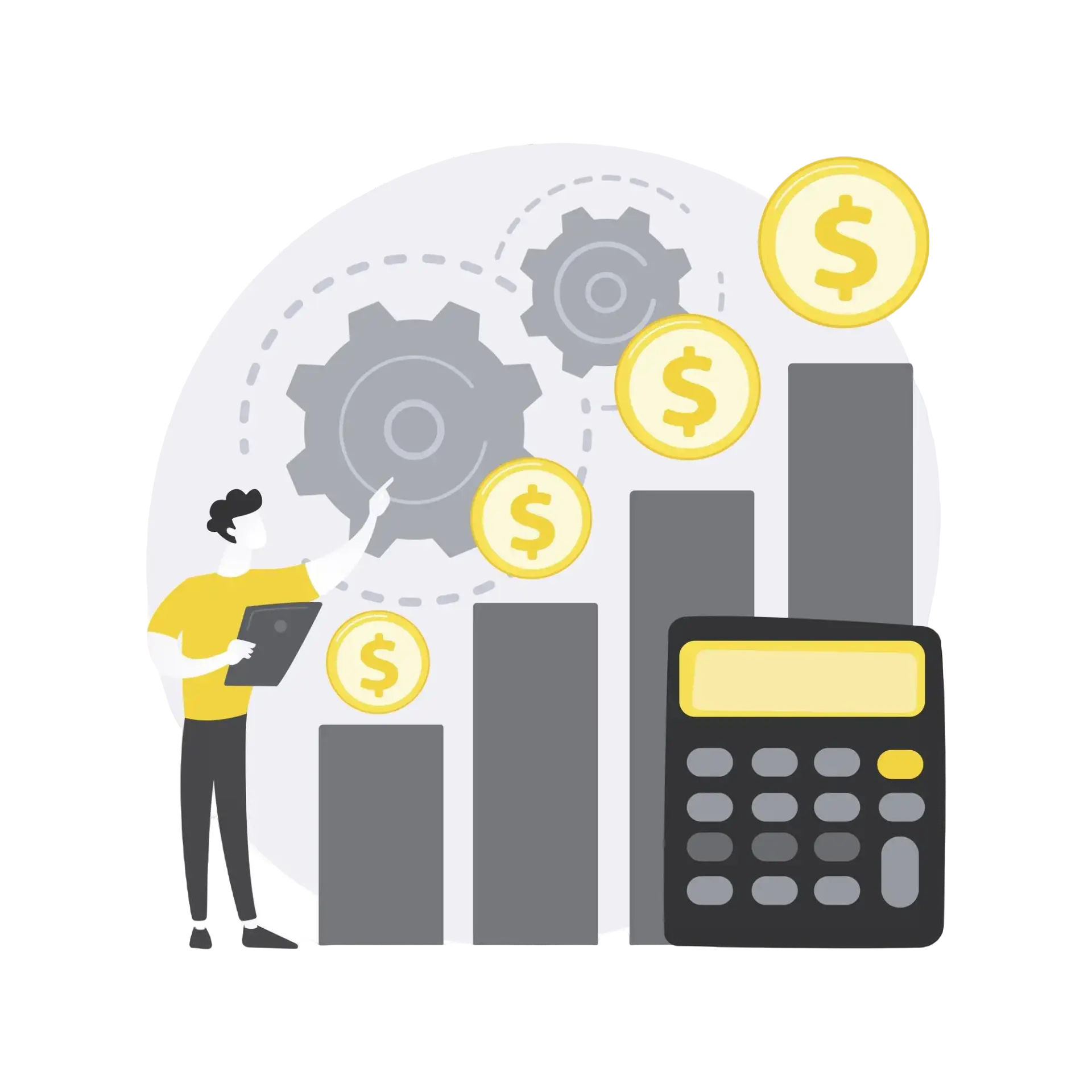 A man next to a calculator and a money graph, highlighting the benefits of cost-effective animation in complex projects.